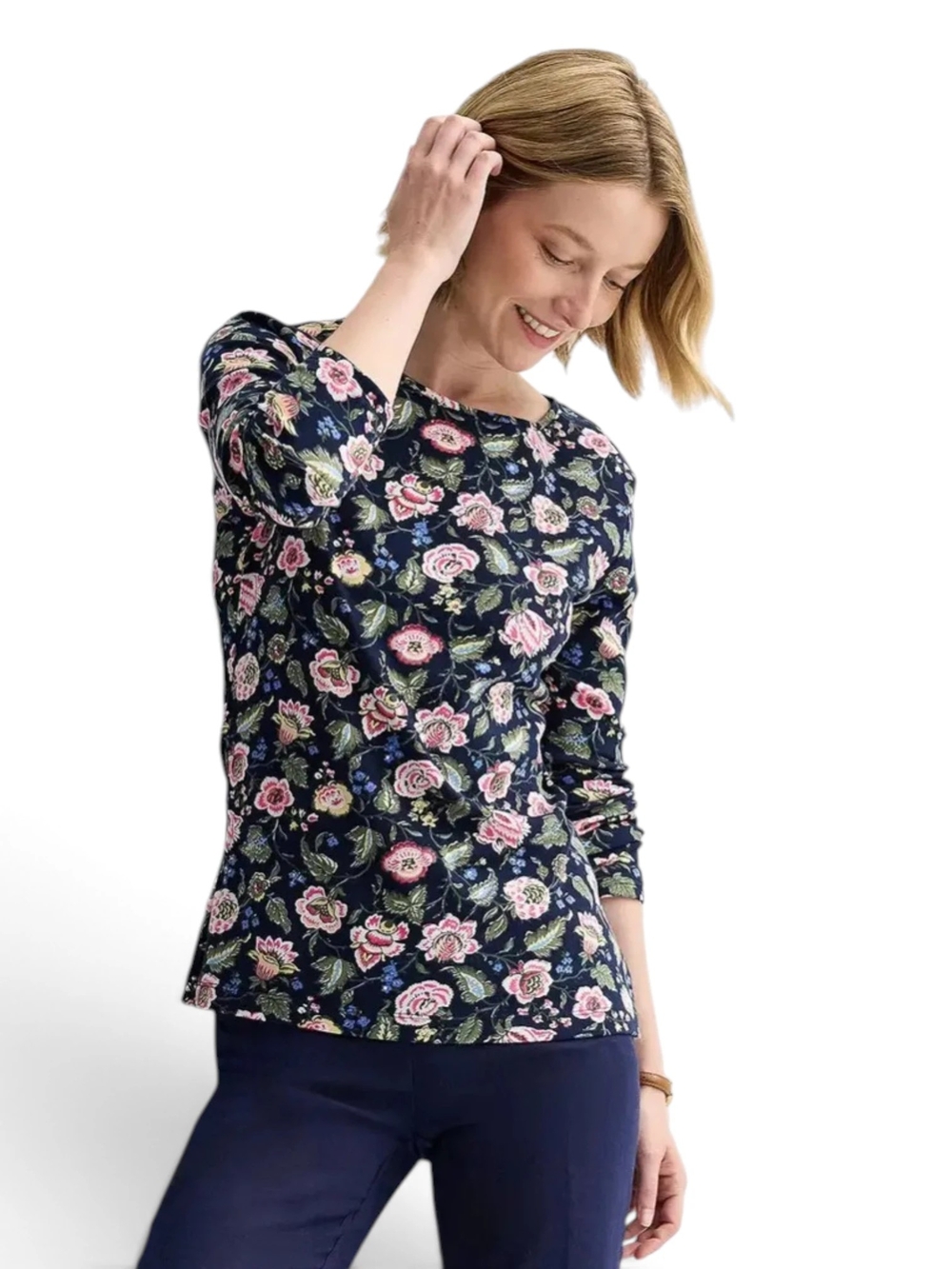 Croft & Barrow Navy Floral Long Sleeve Crewneck Classic Tee Womens Medium